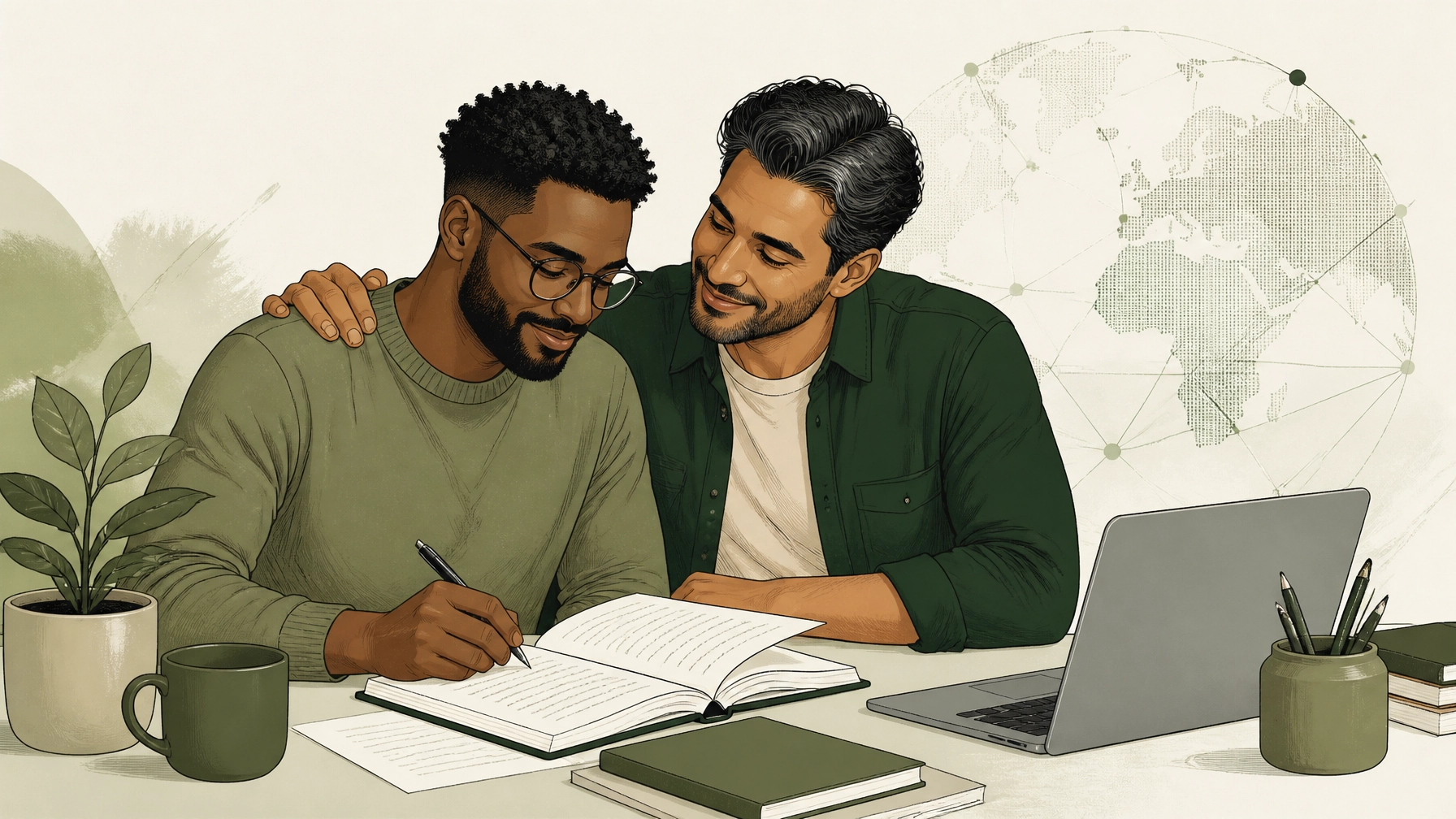 Two adult men in a romantic couple reviewing an ebook manuscript and publishing materials together in a warm, literary workspace