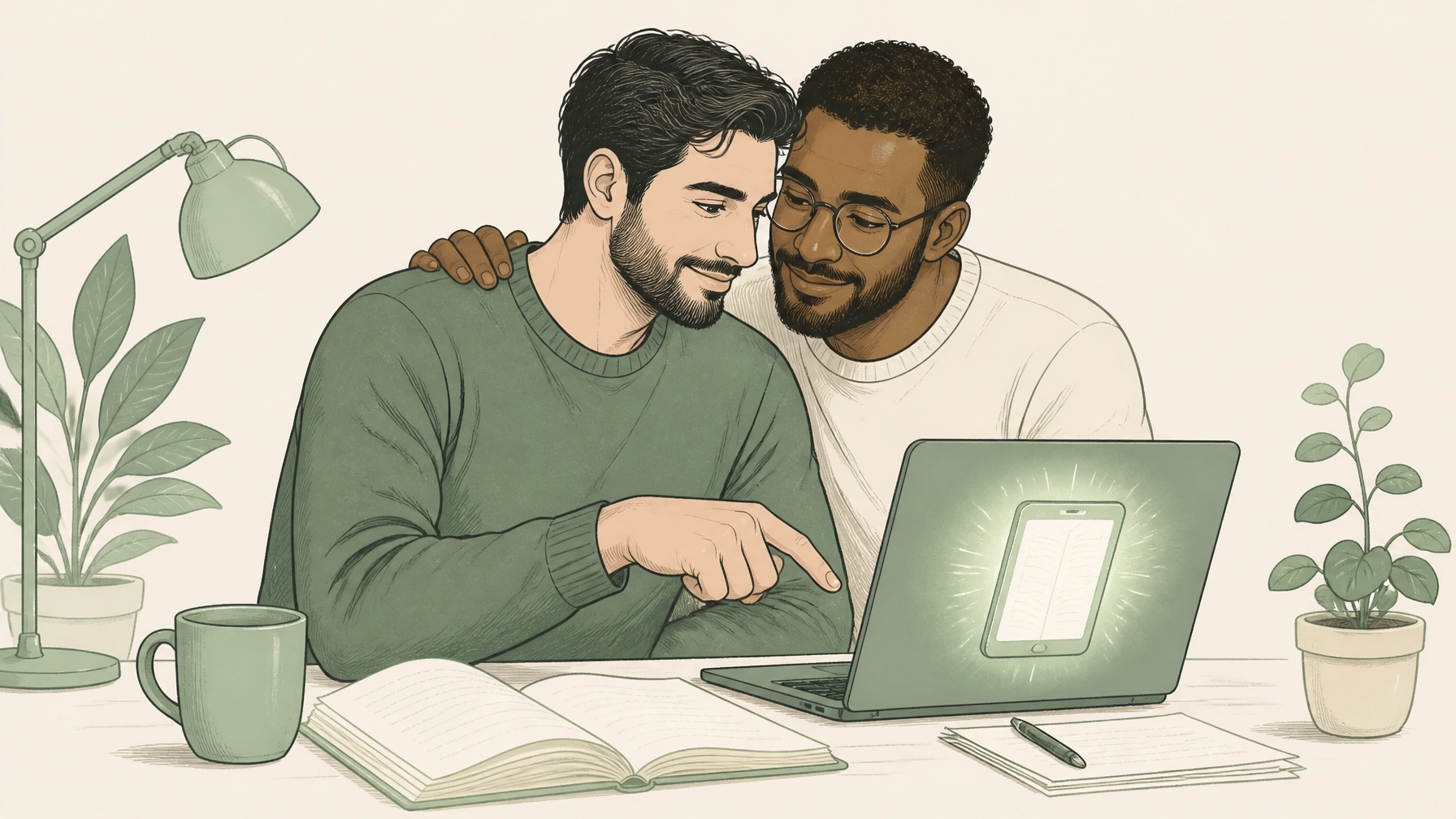 Two adult men in a romantic couple sharing a quiet, supportive moment while discussing a creative project in a kitchen