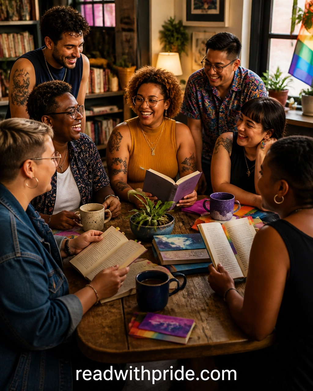 Queer friends gathered in a warm, book-filled room, reading and sharing stories over coffee beneath a rainbow flag
