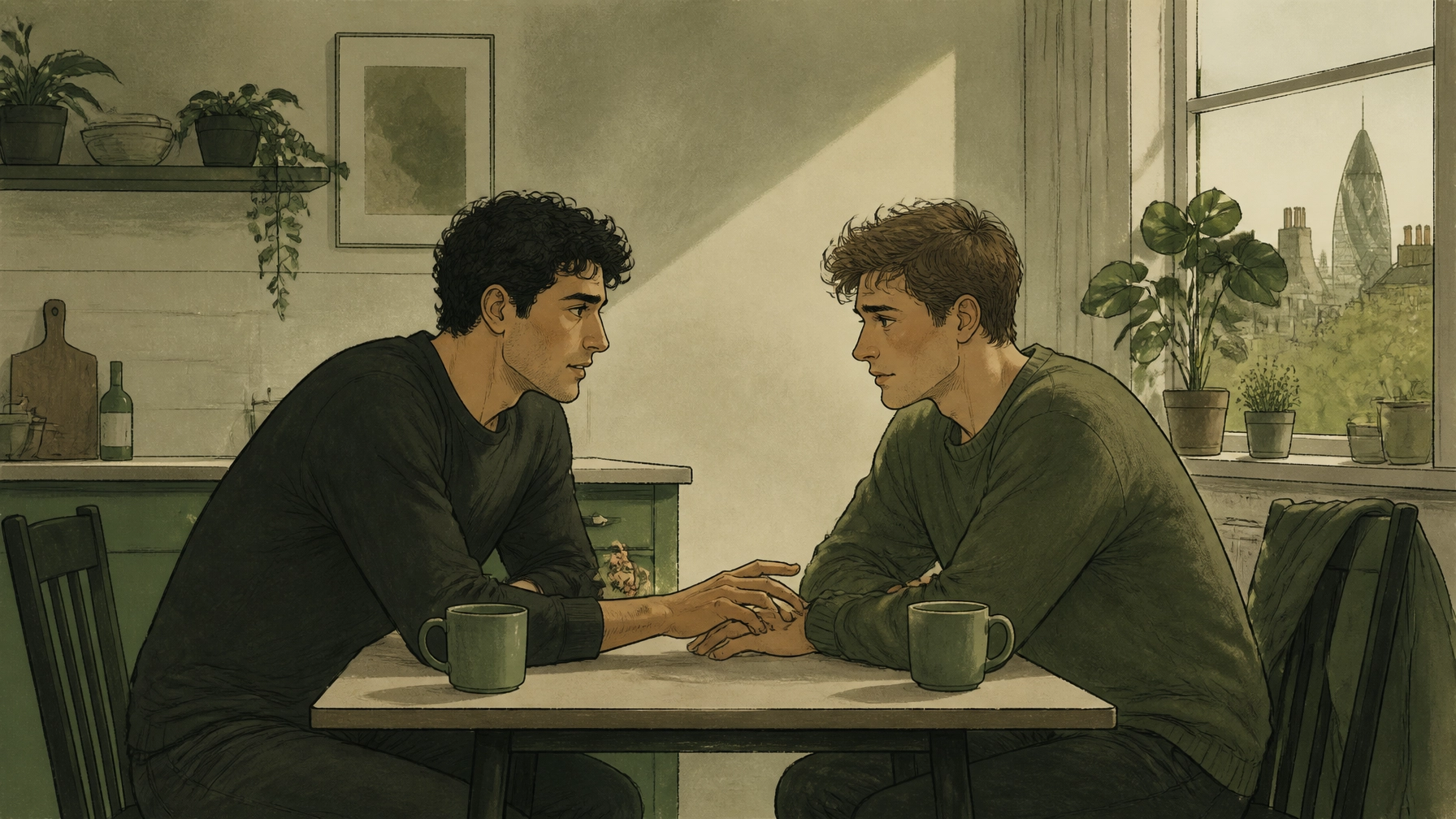 Two adult men sharing a quiet, honest conversation over coffee at a kitchen table, representing emotional intimacy and a heartfelt gay love story