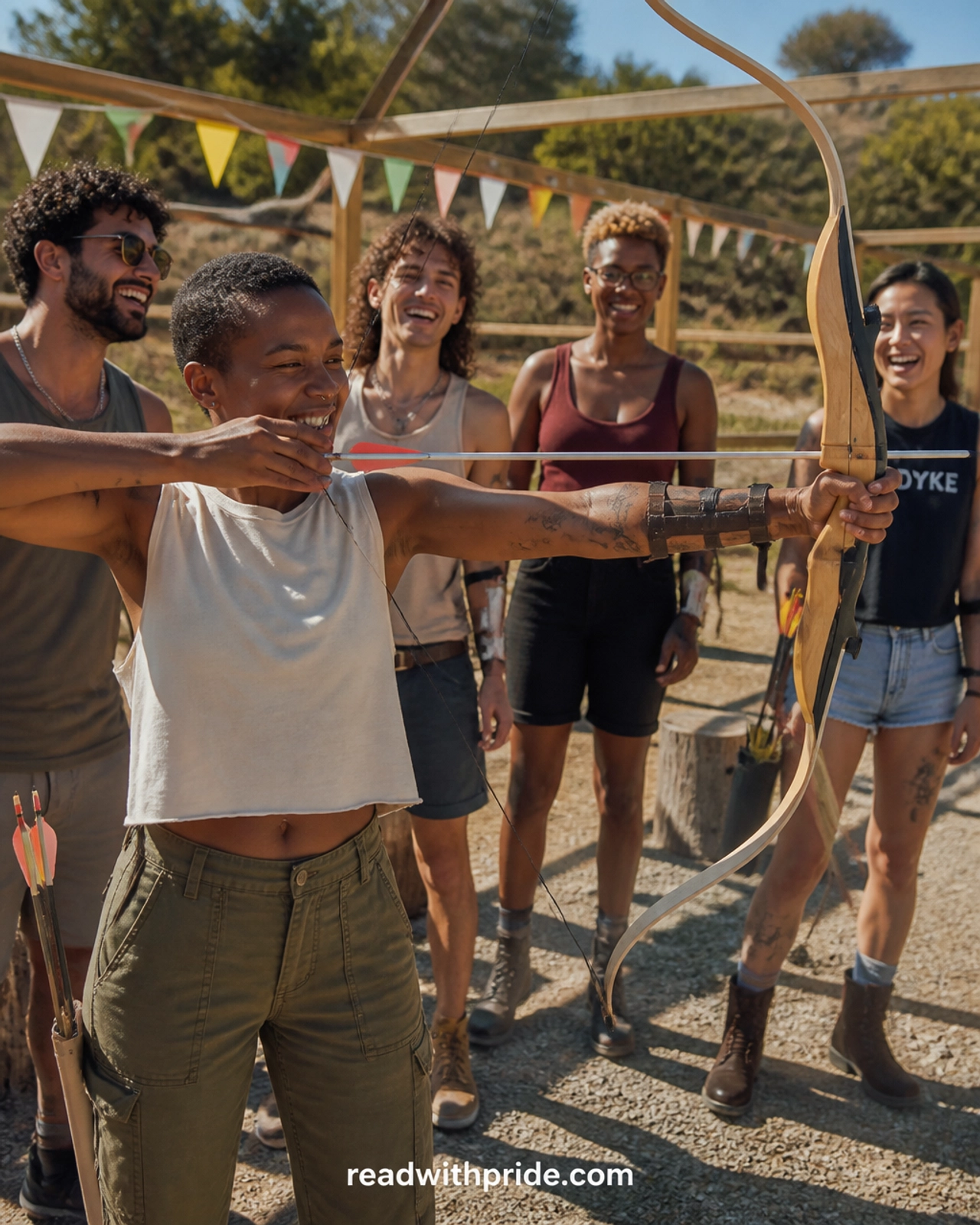 A diverse queer group enjoying an outdoor hobby together, laughing and encouraging one another during a community activity