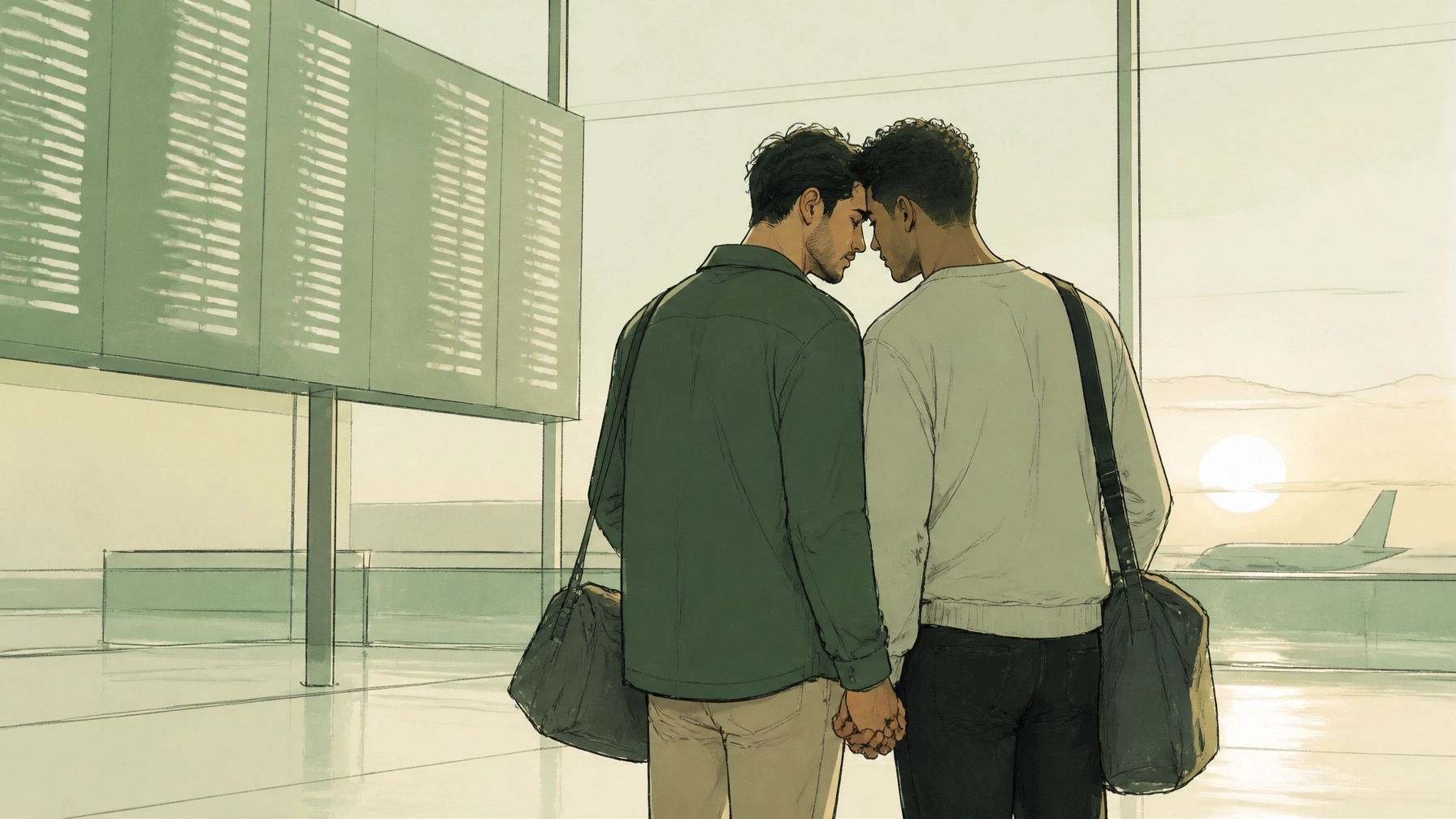 Two adult men in a romantic couple standing close and holding hands in an airport, suggesting a shared journey and global reach