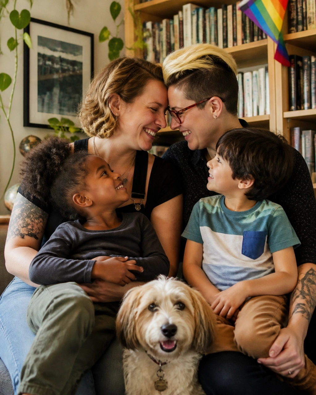 Two queer mothers enjoying a joyful family moment with their children and dog in a Pride-filled home library