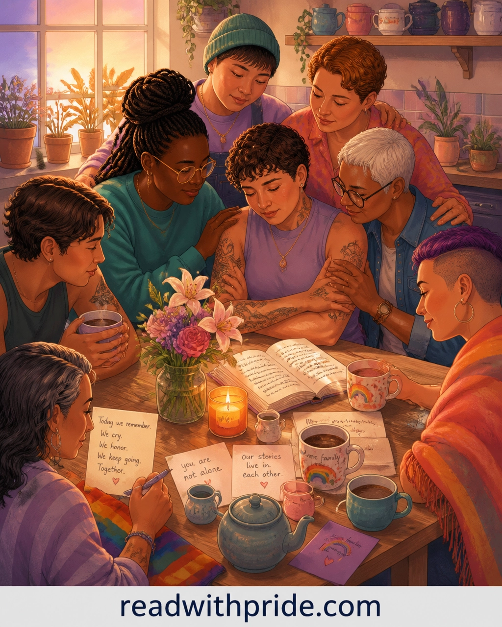 LGBTQ+ friends sharing tea and quiet companionship in a warm, plant-filled home, representing gentle everyday queer healing