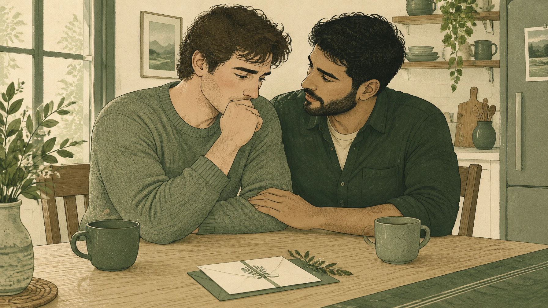 Two men having a tender, honest conversation at a kitchen table, representing communication, emotional trust, and the complicated milestones of queer partnership