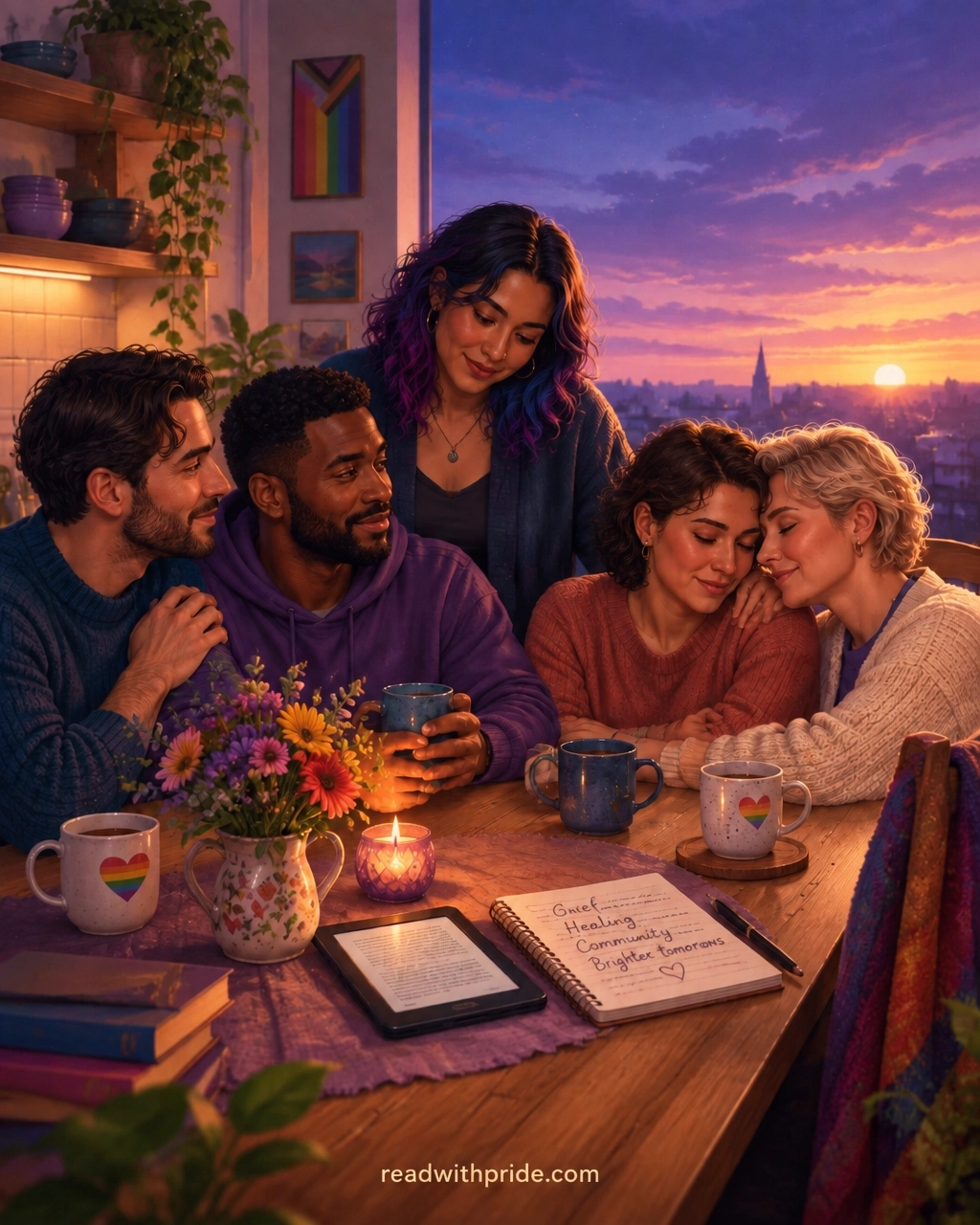 Diverse LGBTQ+ friends gathered around a table with books, tea, candles, and handwritten messages of remembrance and hope