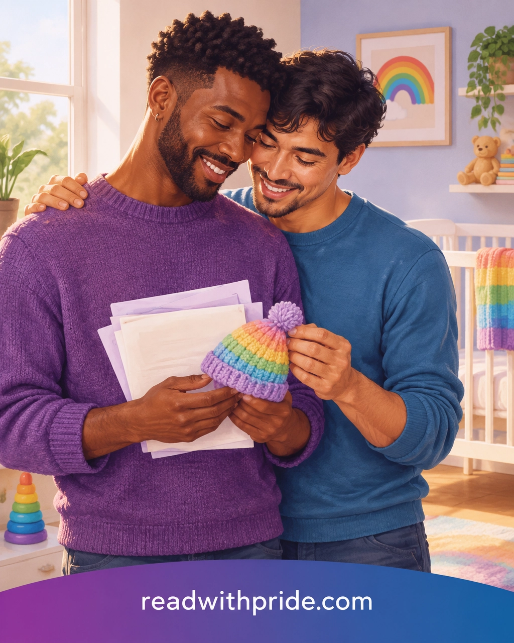 Two men in a loving relationship preparing for parenthood, holding paperwork and a rainbow baby hat in a bright, welcoming home
