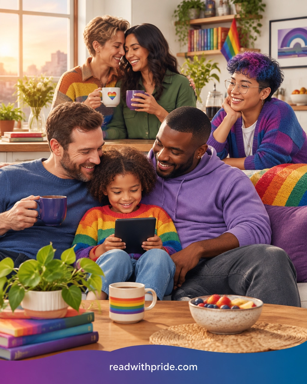 Queer friends and chosen family sharing books, coffee, and conversation during a relaxed morning at home
