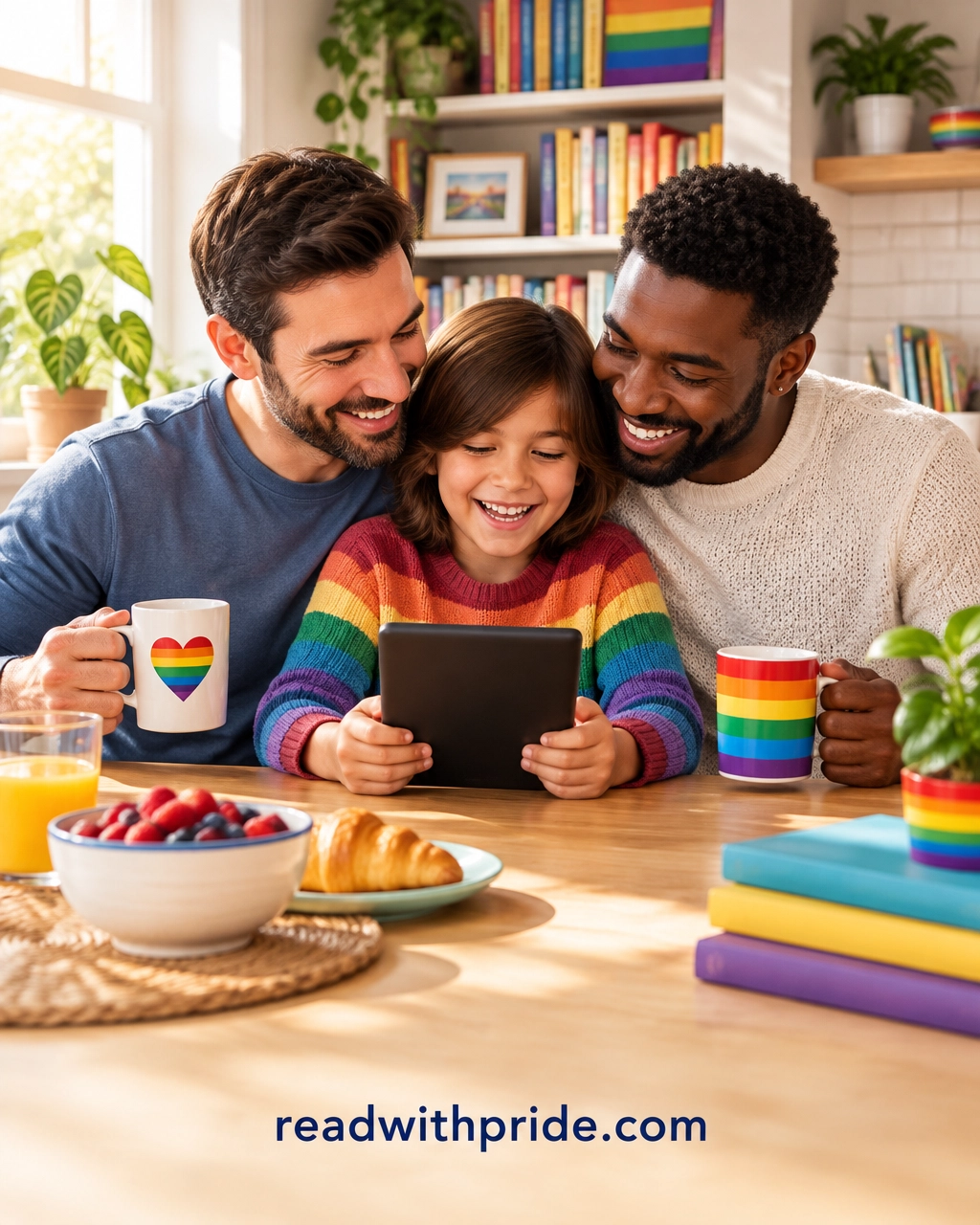 Two gay dads and their child sharing a joyful morning reading moment with an ebook in a colourful family home